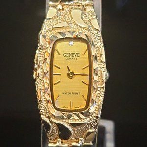 GENEVE New Seiko Movement 10k Gold & Diamond Ladies Quartz Watch 15mm